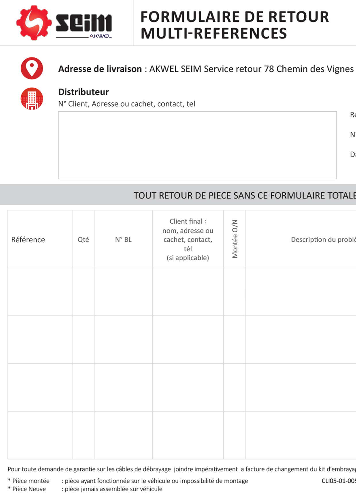 FORMULAIRE DE RETOUR MULTI REFERENCES